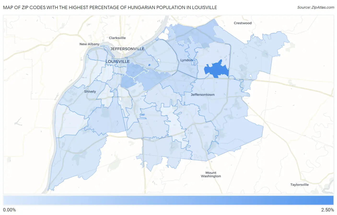 Zip Codes with the Highest Percentage of Hungarian Population in Louisville Map