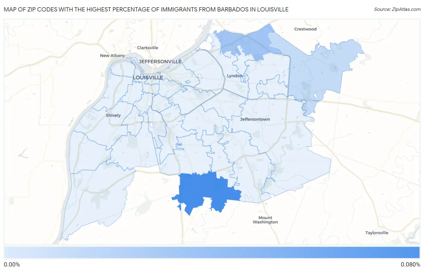 Zip Codes with the Highest Percentage of Immigrants from Barbados in Louisville Map