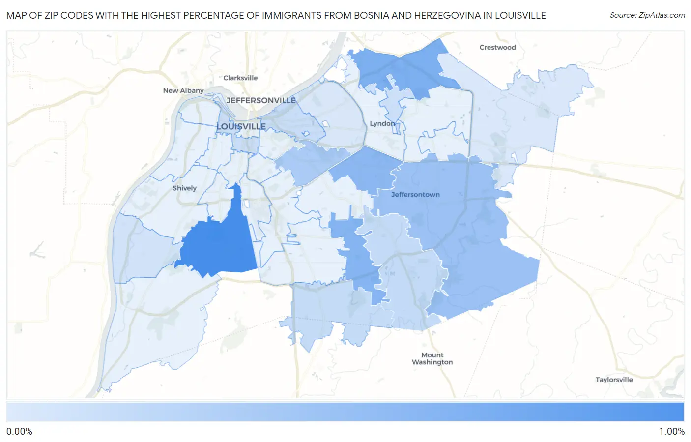 Zip Codes with the Highest Percentage of Immigrants from Bosnia and Herzegovina in Louisville Map