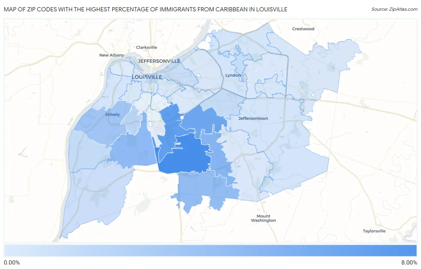 Zip Codes with the Highest Percentage of Immigrants from Caribbean in Louisville Map