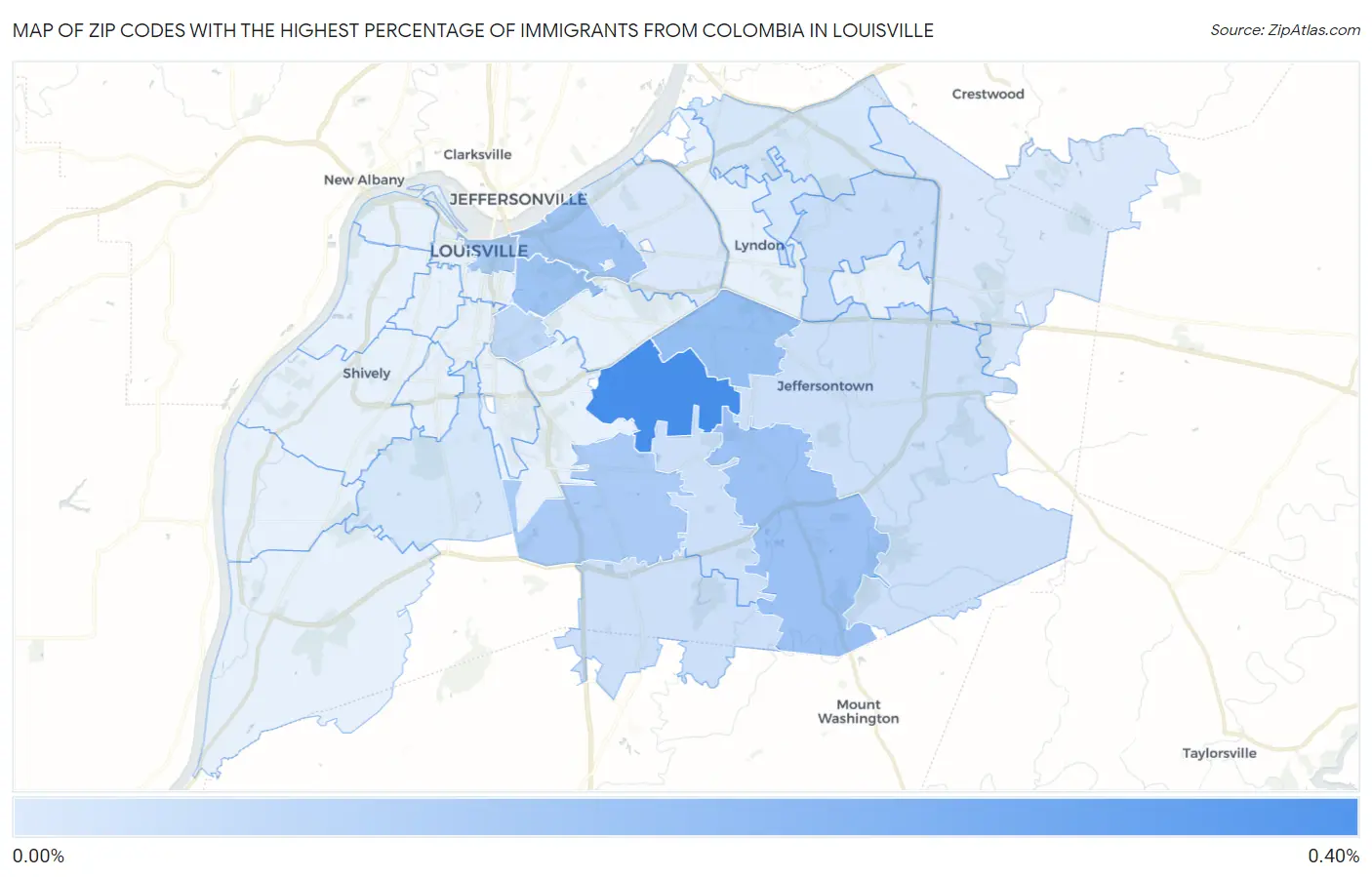 Zip Codes with the Highest Percentage of Immigrants from Colombia in Louisville Map