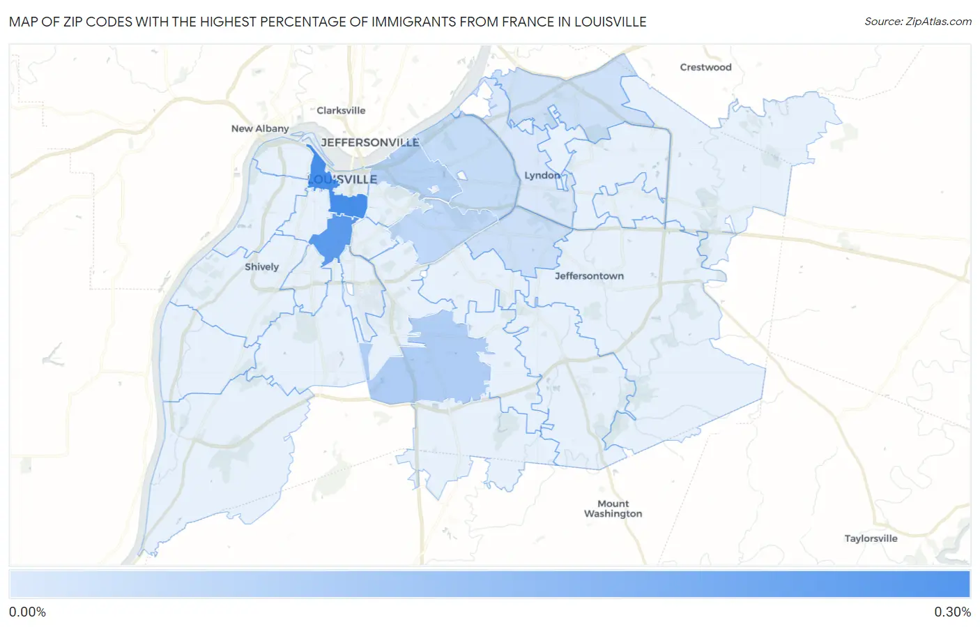 Zip Codes with the Highest Percentage of Immigrants from France in Louisville Map
