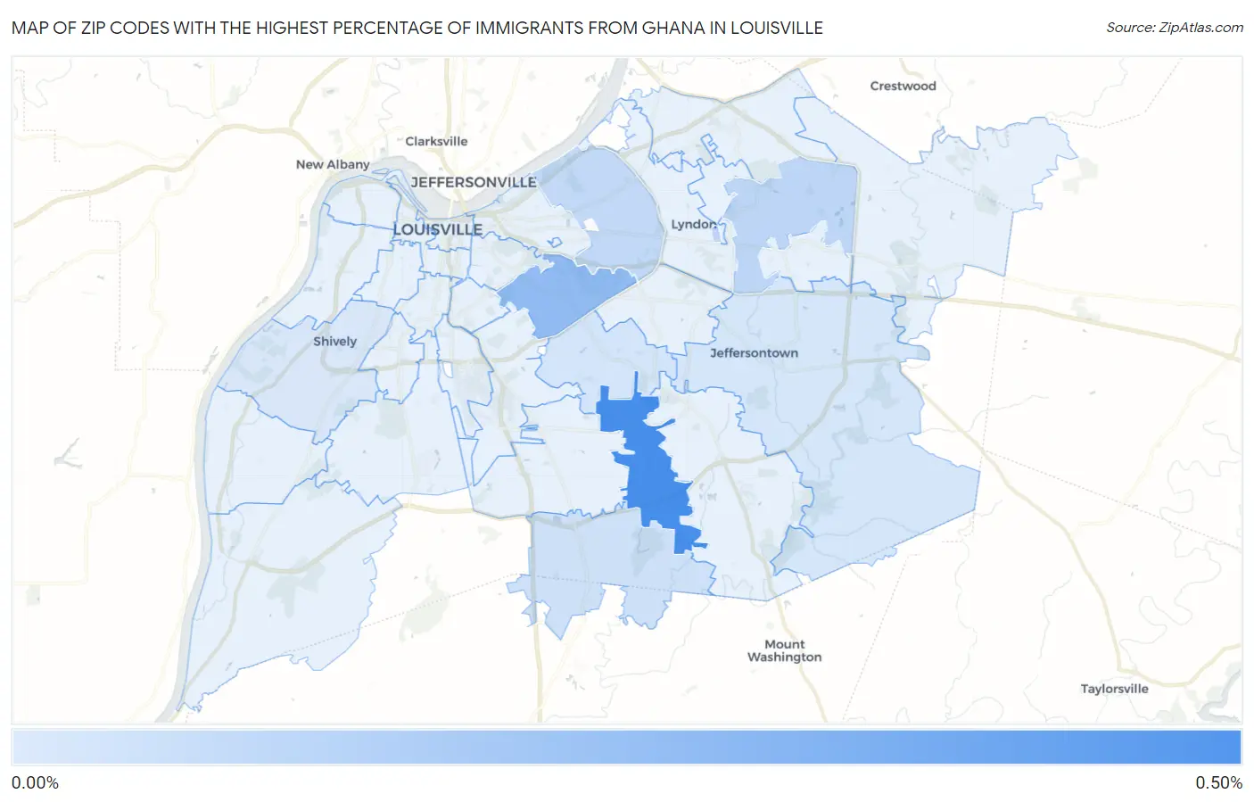 Zip Codes with the Highest Percentage of Immigrants from Ghana in Louisville Map