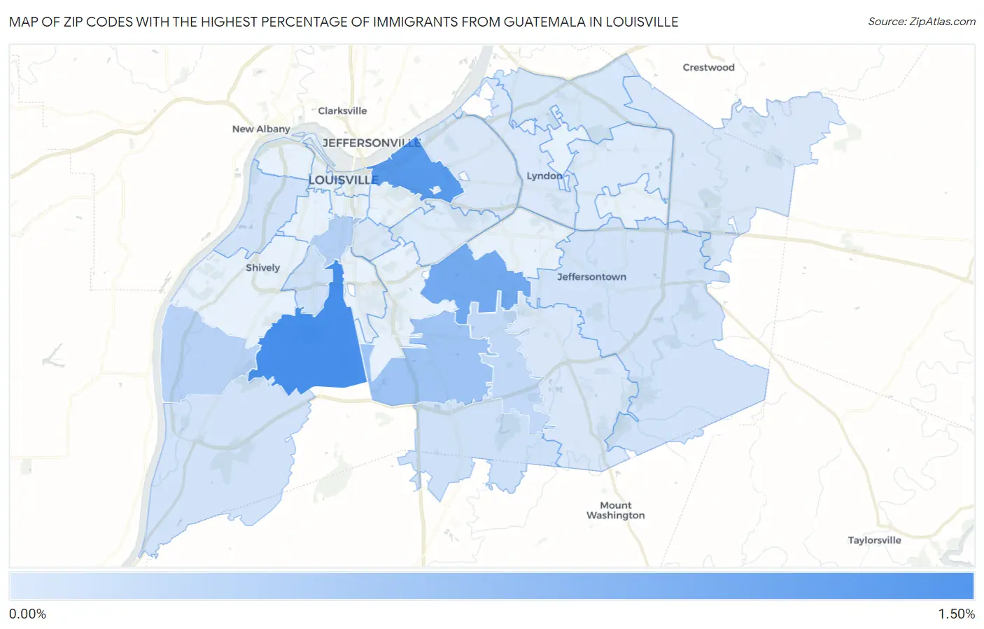 Zip Codes with the Highest Percentage of Immigrants from Guatemala in Louisville Map