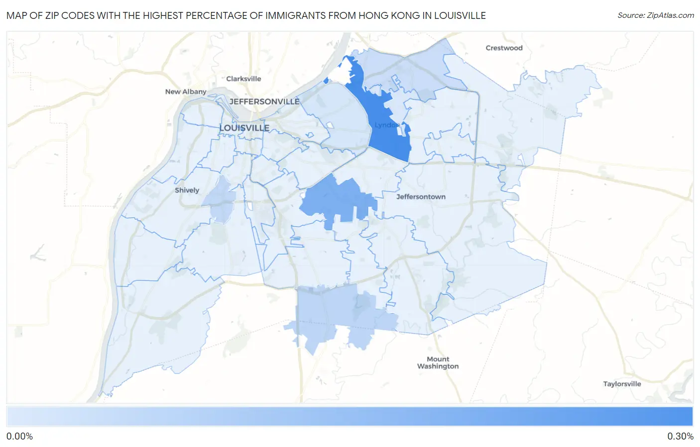 Zip Codes with the Highest Percentage of Immigrants from Hong Kong in Louisville Map