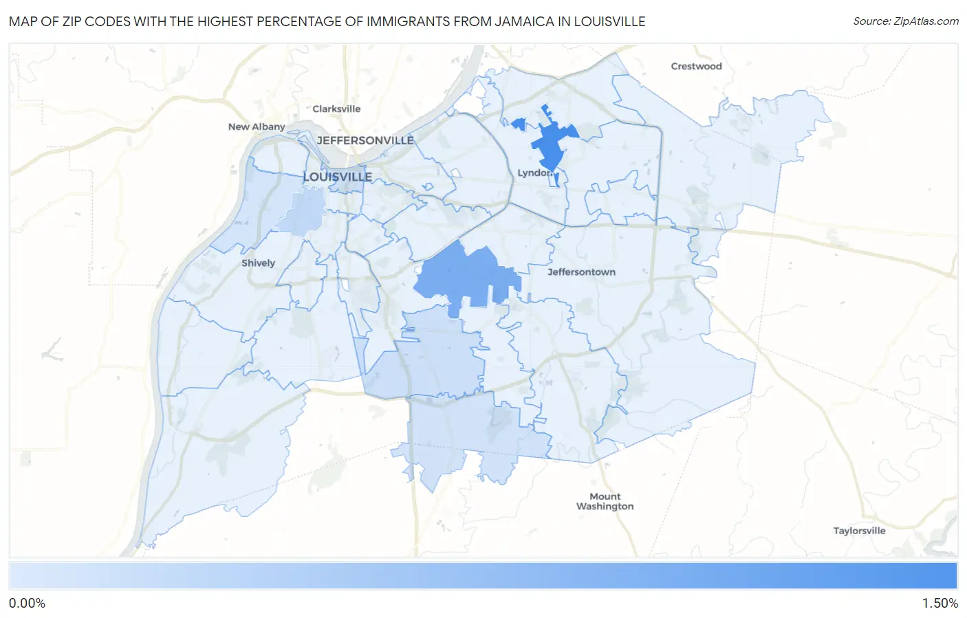 Zip Codes with the Highest Percentage of Immigrants from Jamaica in Louisville Map