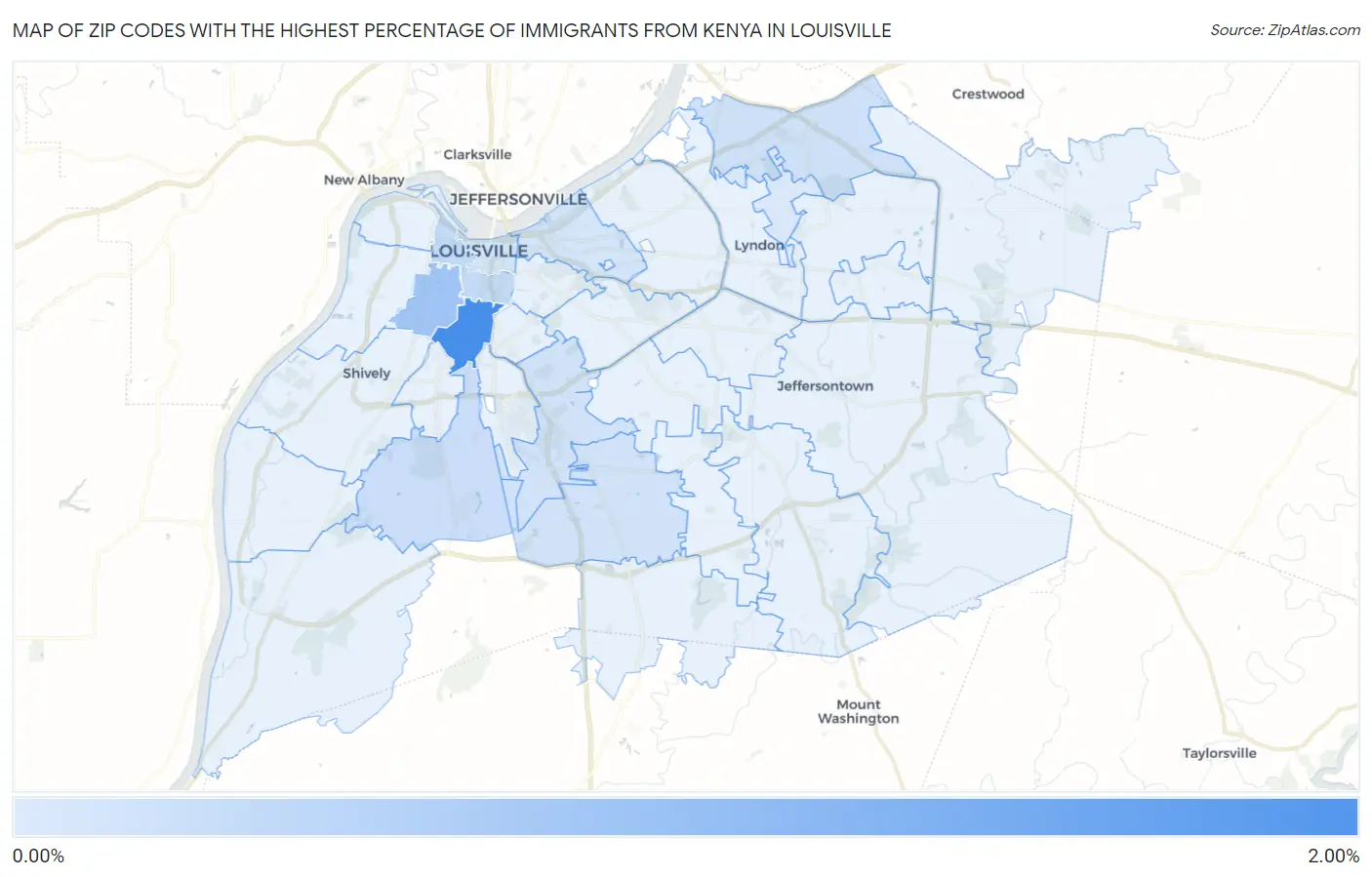 Zip Codes with the Highest Percentage of Immigrants from Kenya in Louisville Map