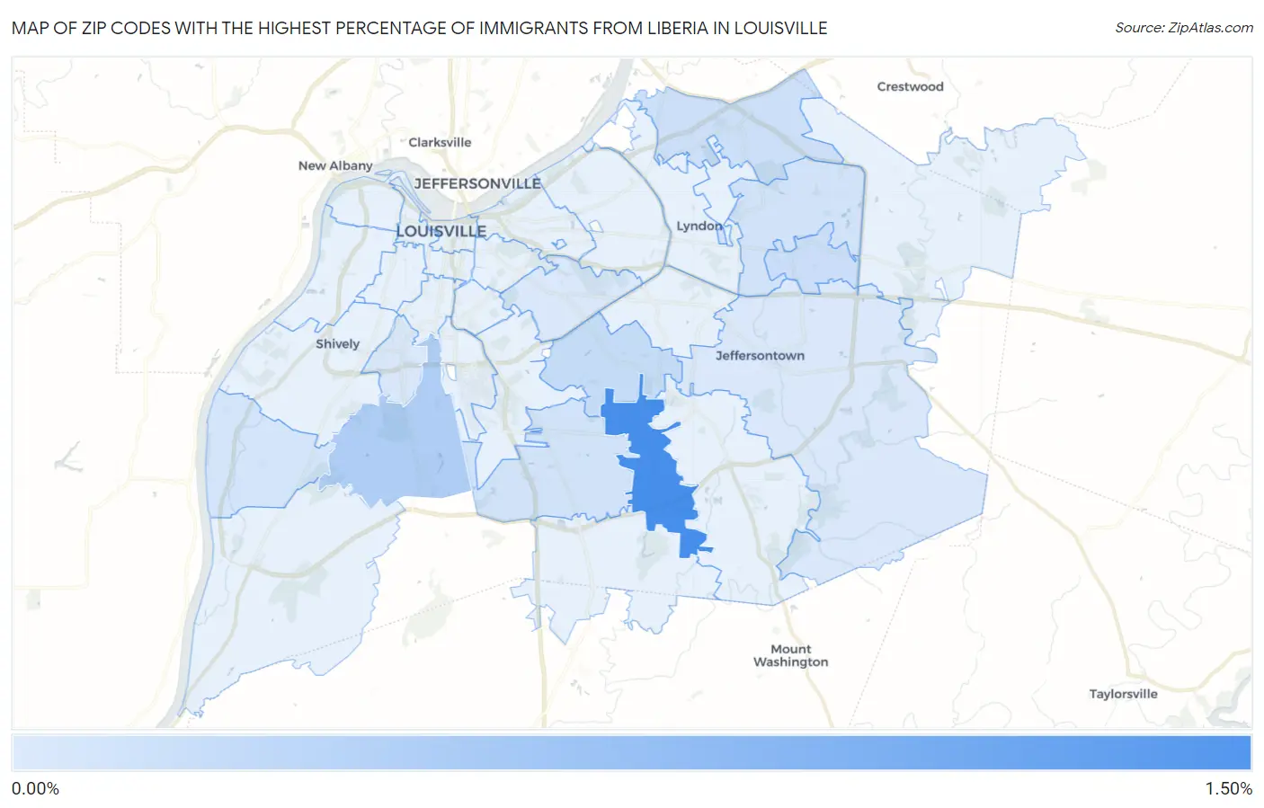 Zip Codes with the Highest Percentage of Immigrants from Liberia in Louisville Map