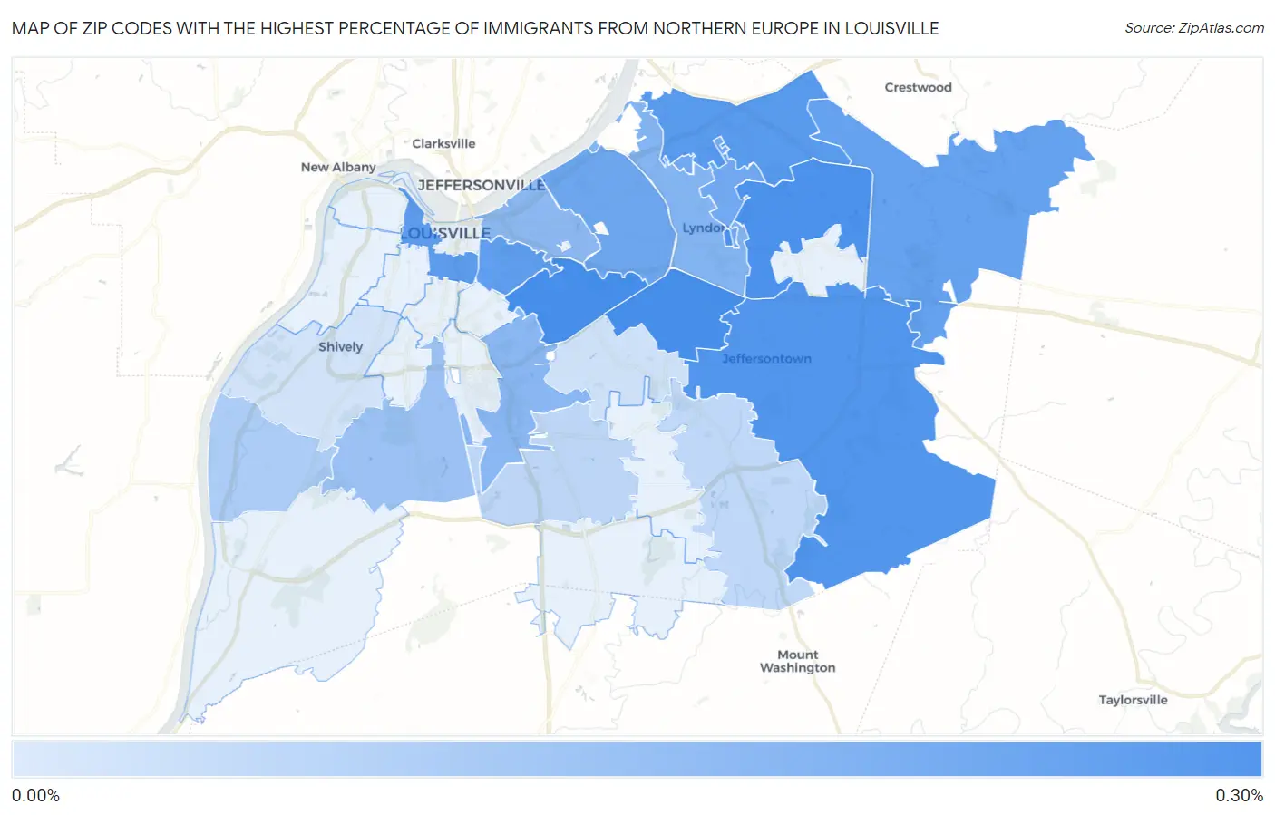 Zip Codes with the Highest Percentage of Immigrants from Northern Europe in Louisville Map