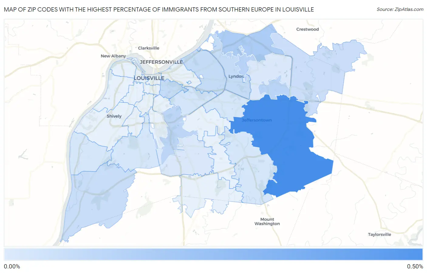 Zip Codes with the Highest Percentage of Immigrants from Southern Europe in Louisville Map