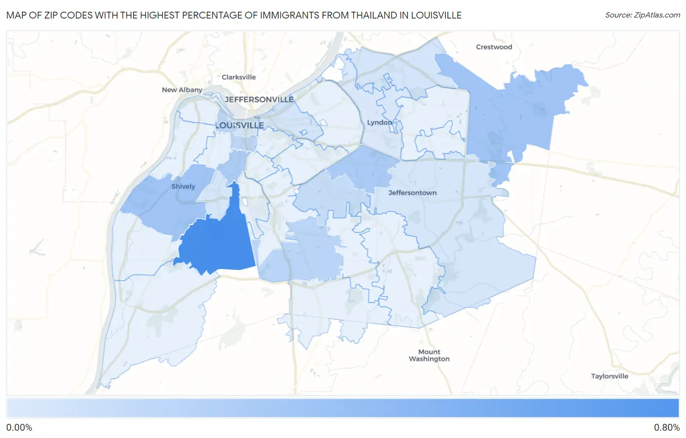 Zip Codes with the Highest Percentage of Immigrants from Thailand in Louisville Map