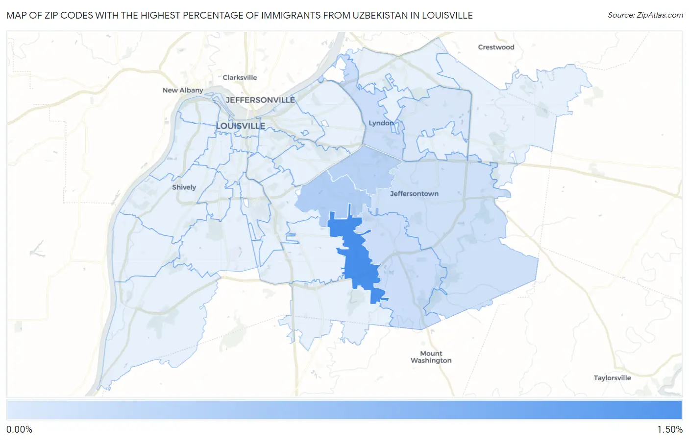 Zip Codes with the Highest Percentage of Immigrants from Uzbekistan in Louisville Map