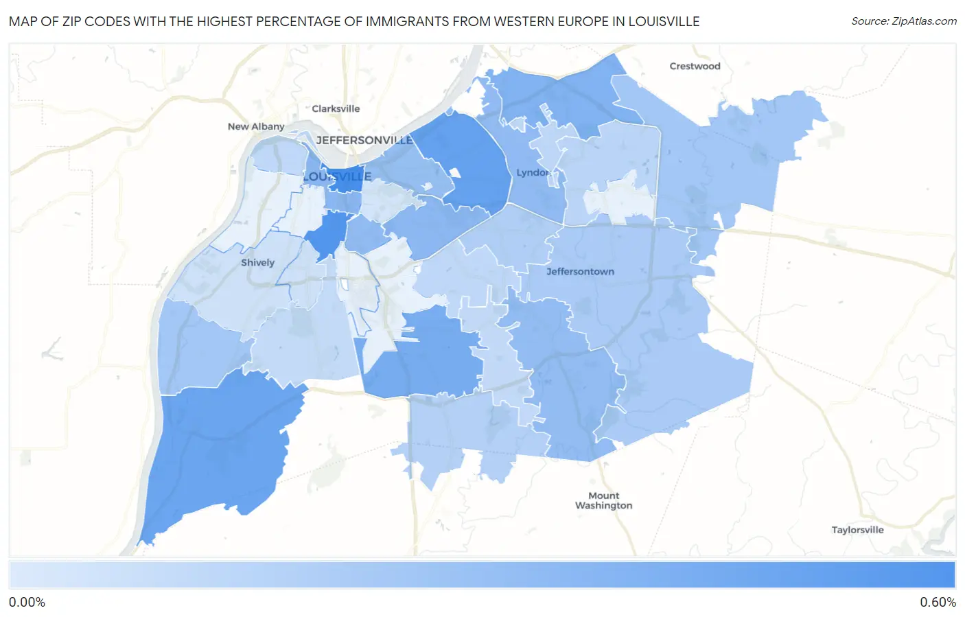 Zip Codes with the Highest Percentage of Immigrants from Western Europe in Louisville Map