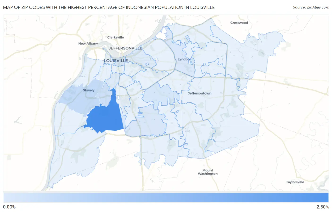 Zip Codes with the Highest Percentage of Indonesian Population in Louisville Map