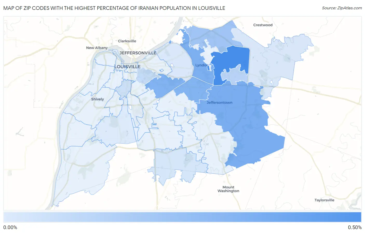 Zip Codes with the Highest Percentage of Iranian Population in Louisville Map