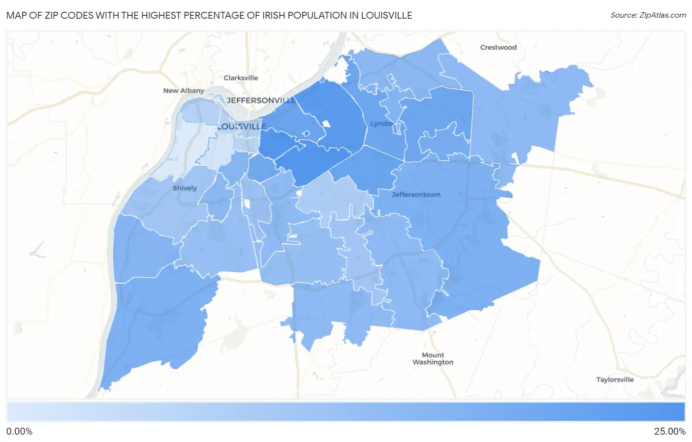 Zip Codes with the Highest Percentage of Irish Population in Louisville Map