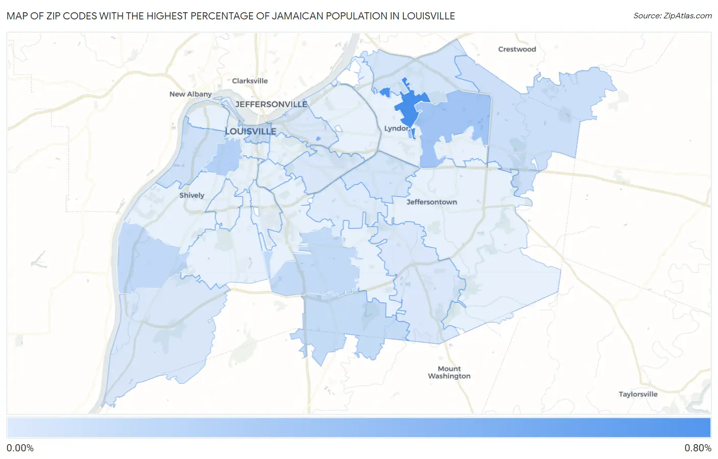 Zip Codes with the Highest Percentage of Jamaican Population in Louisville Map