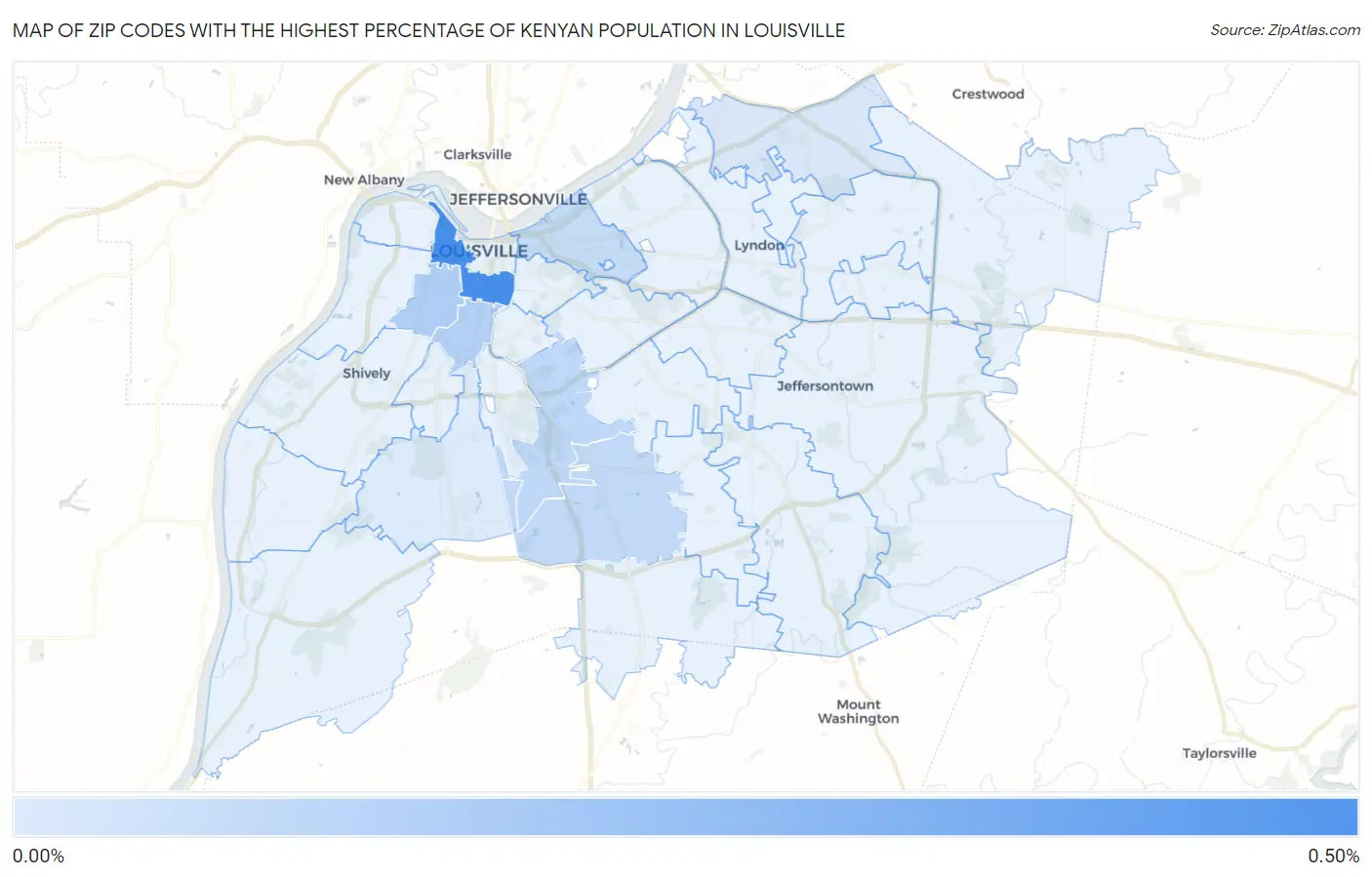 Zip Codes with the Highest Percentage of Kenyan Population in Louisville Map