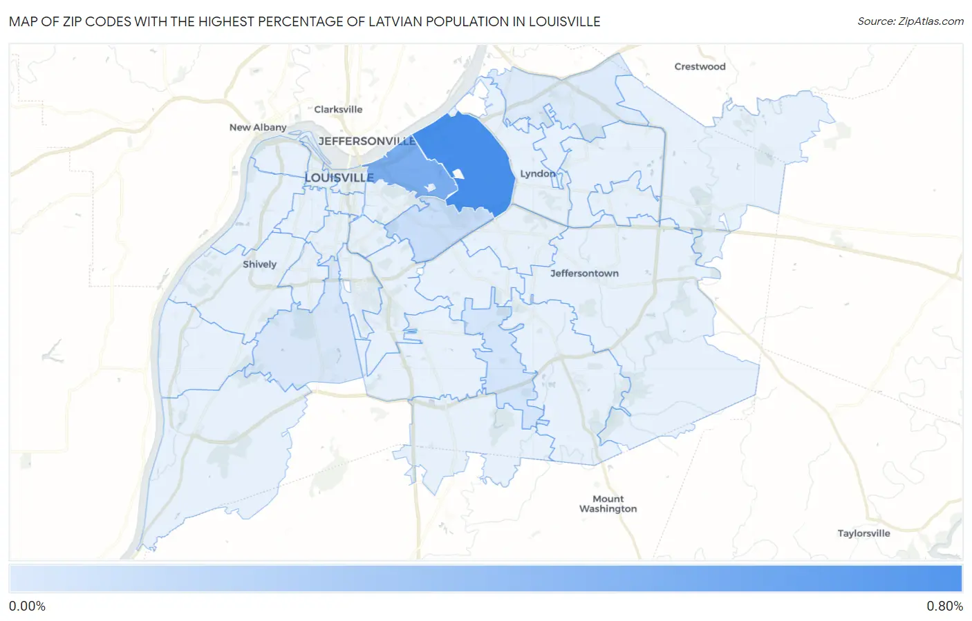 Zip Codes with the Highest Percentage of Latvian Population in Louisville Map