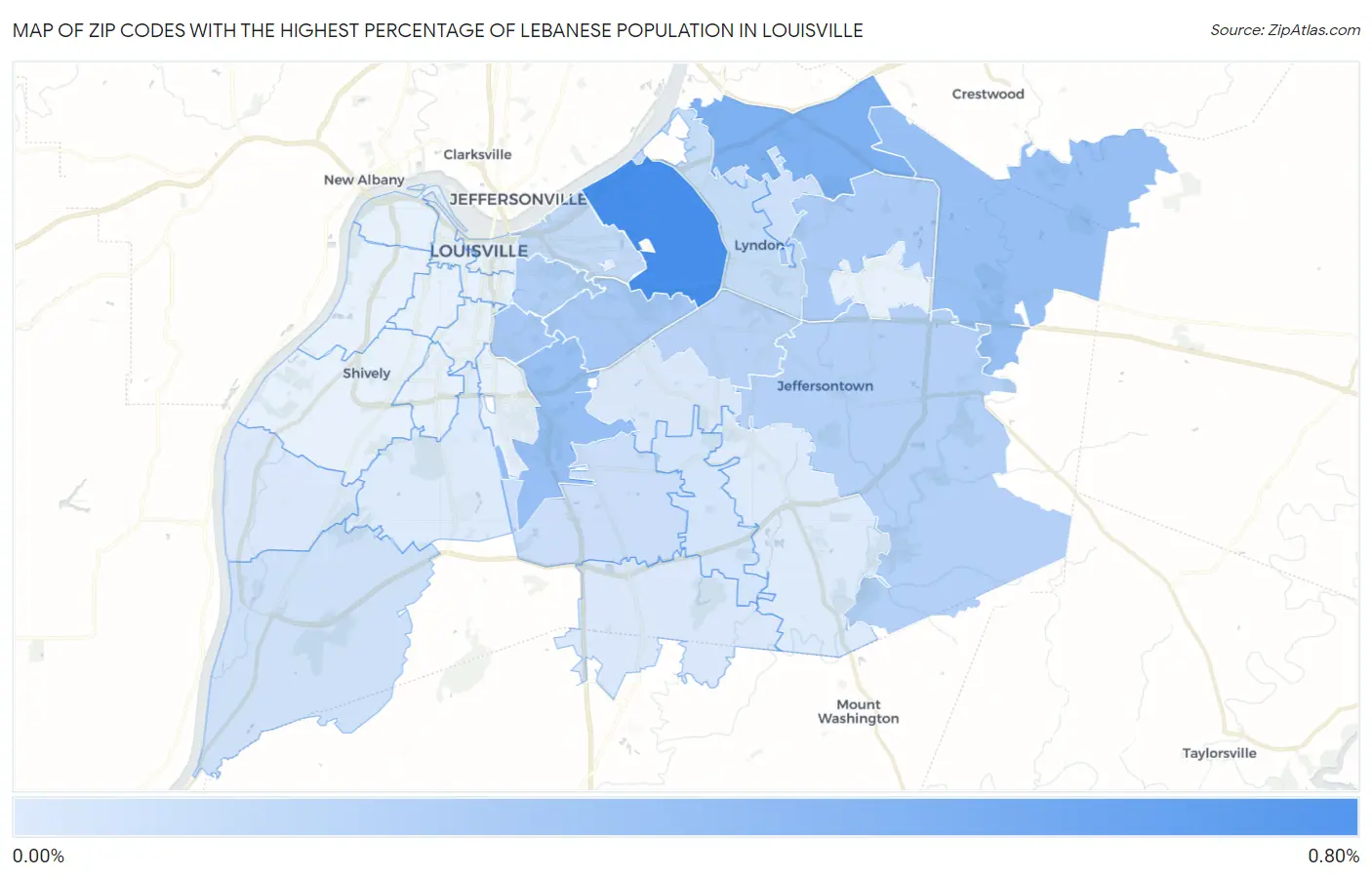 Zip Codes with the Highest Percentage of Lebanese Population in Louisville Map