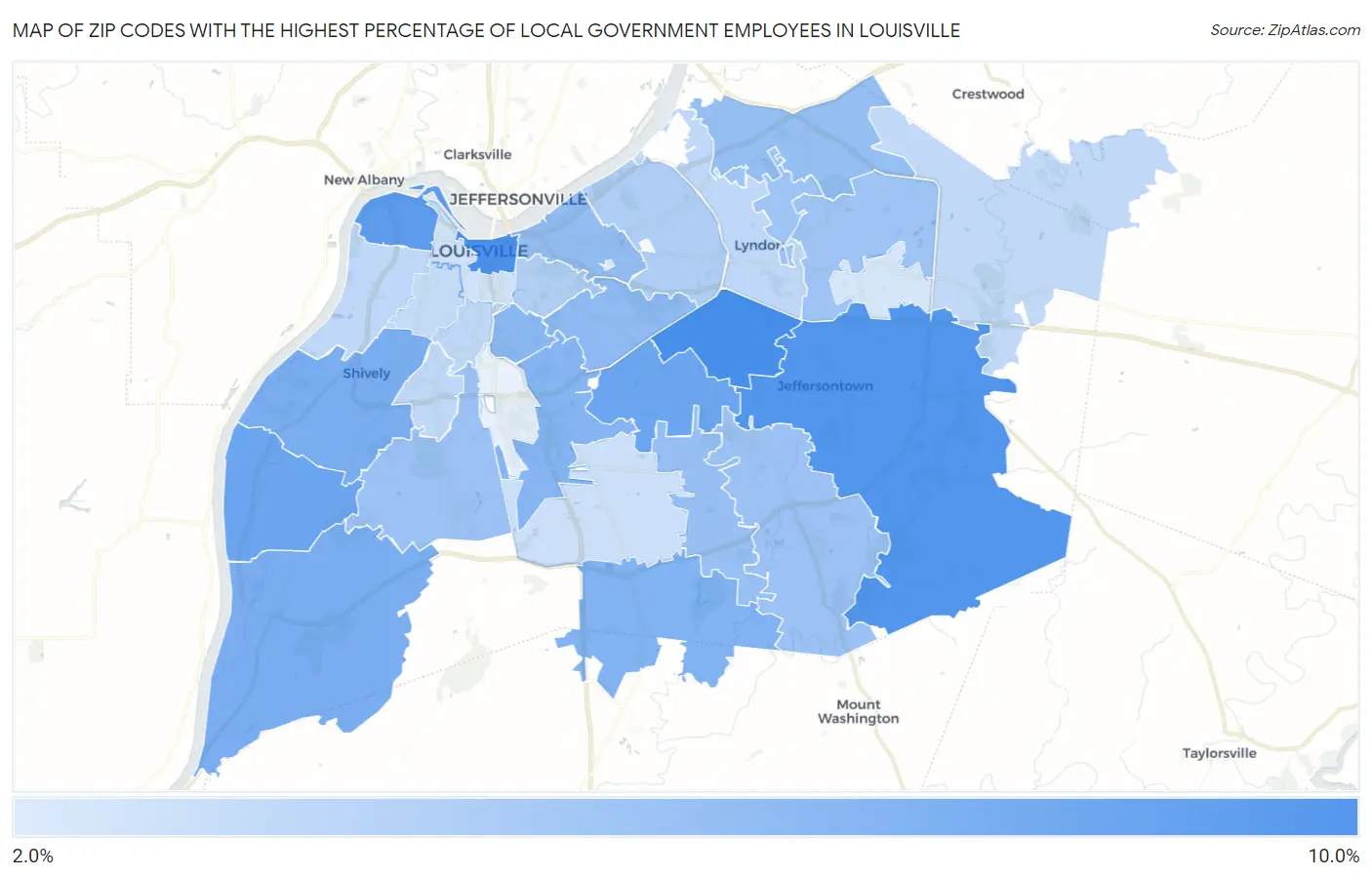 Zip Codes with the Highest Percentage of Local Government Employees in Louisville Map