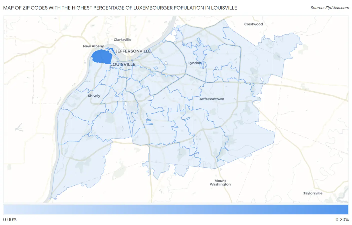 Zip Codes with the Highest Percentage of Luxembourger Population in Louisville Map