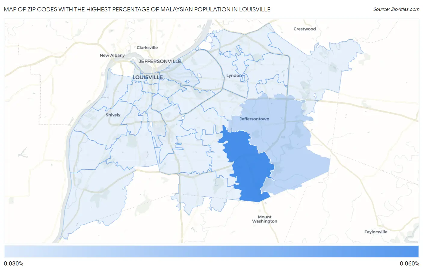 Zip Codes with the Highest Percentage of Malaysian Population in Louisville Map