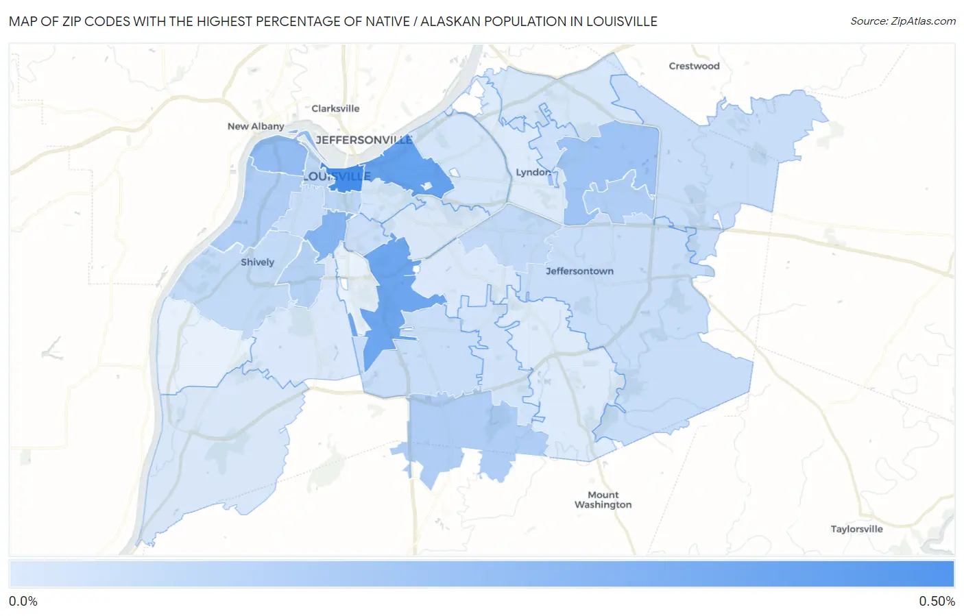 Zip Codes with the Highest Percentage of Native / Alaskan Population in Louisville Map