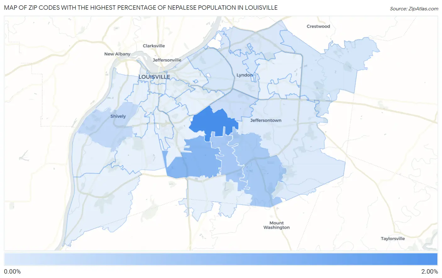 Zip Codes with the Highest Percentage of Nepalese Population in Louisville Map