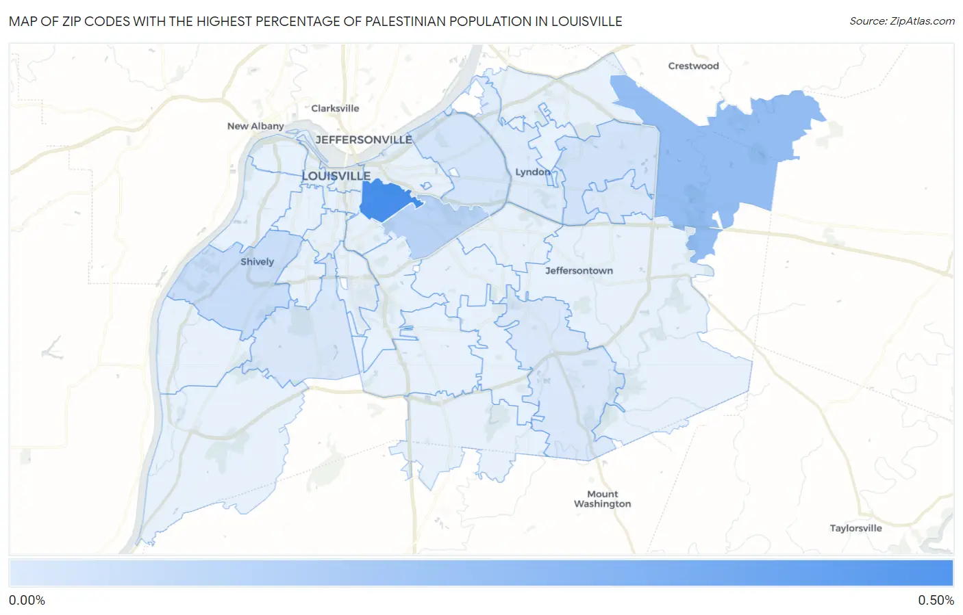 Zip Codes with the Highest Percentage of Palestinian Population in Louisville Map