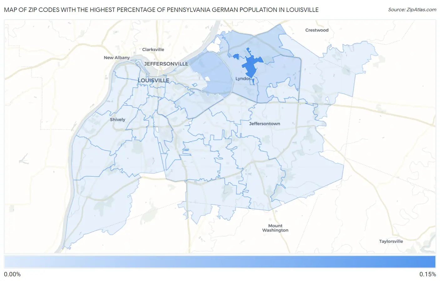 Zip Codes with the Highest Percentage of Pennsylvania German Population in Louisville Map