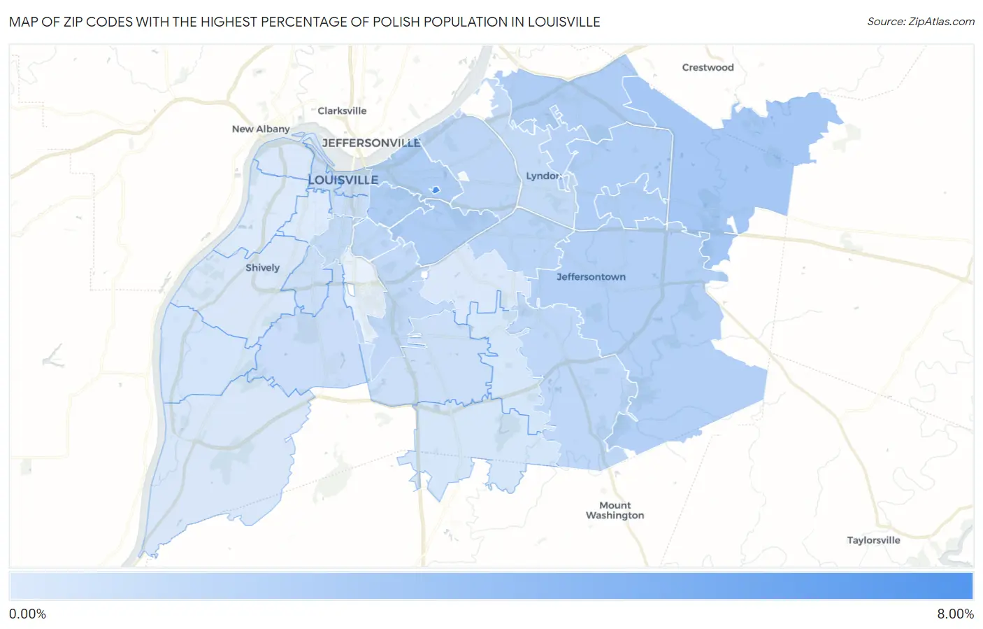 Zip Codes with the Highest Percentage of Polish Population in Louisville Map