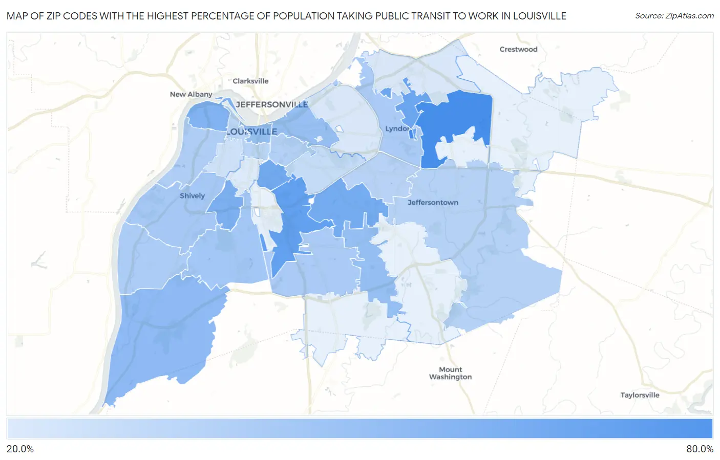 Zip Codes with the Highest Percentage of Population Taking Public Transit to Work in Louisville Map