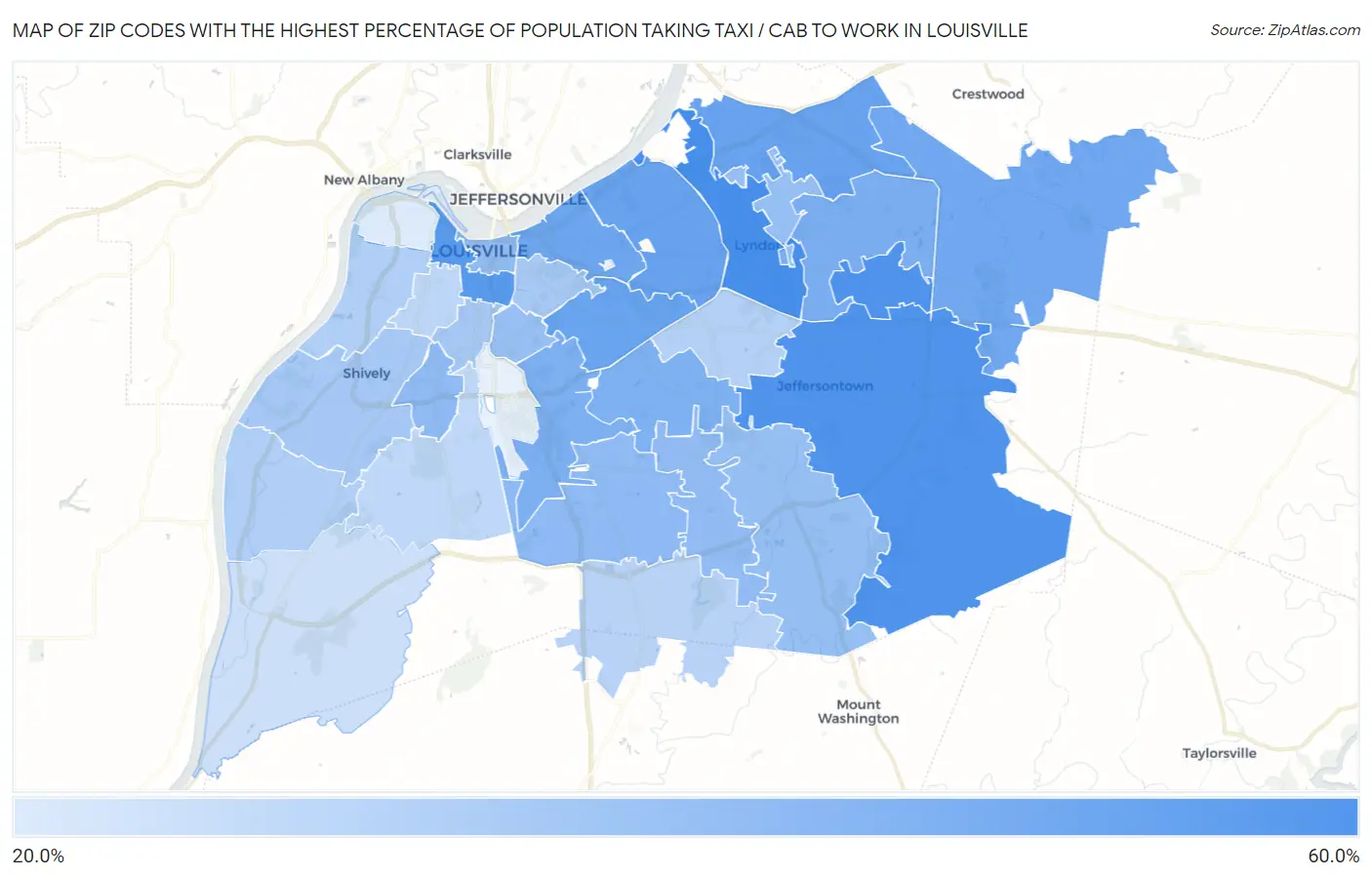 Zip Codes with the Highest Percentage of Population Taking Taxi / Cab to Work in Louisville Map