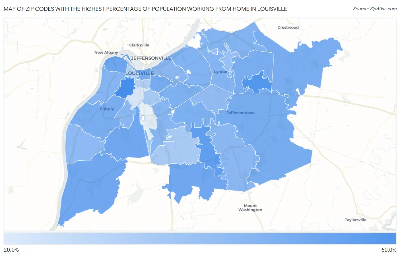 Zip Codes with the Highest Percentage of Population Working from Home in Louisville Map