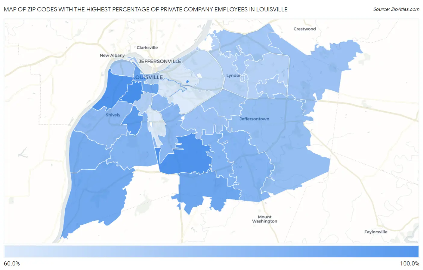 Zip Codes with the Highest Percentage of Private Company Employees in Louisville Map