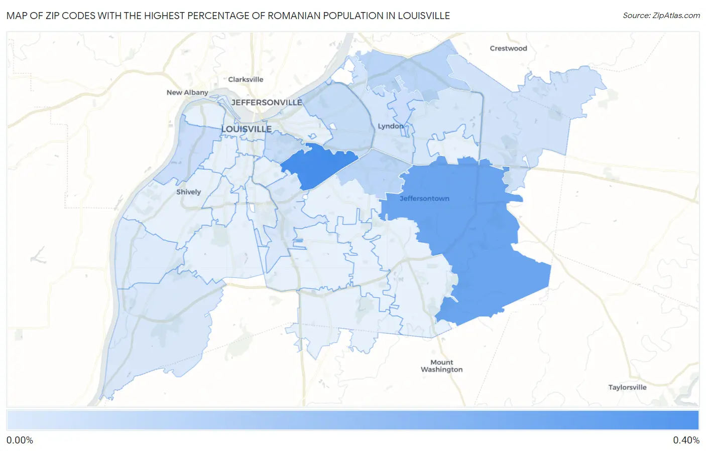 Zip Codes with the Highest Percentage of Romanian Population in Louisville Map