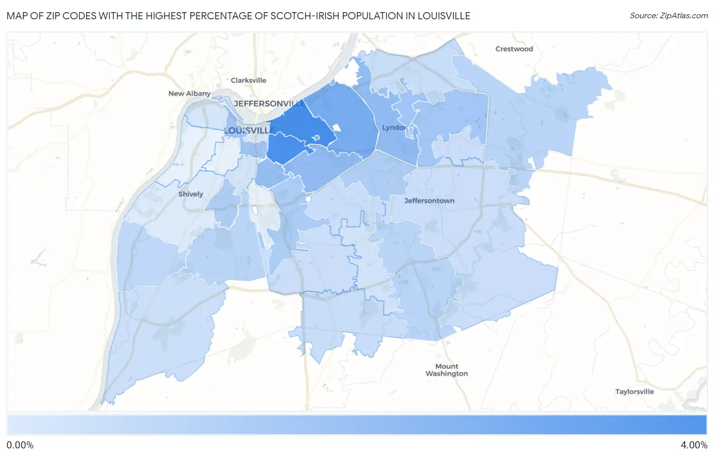 Zip Codes with the Highest Percentage of Scotch-Irish Population in Louisville Map