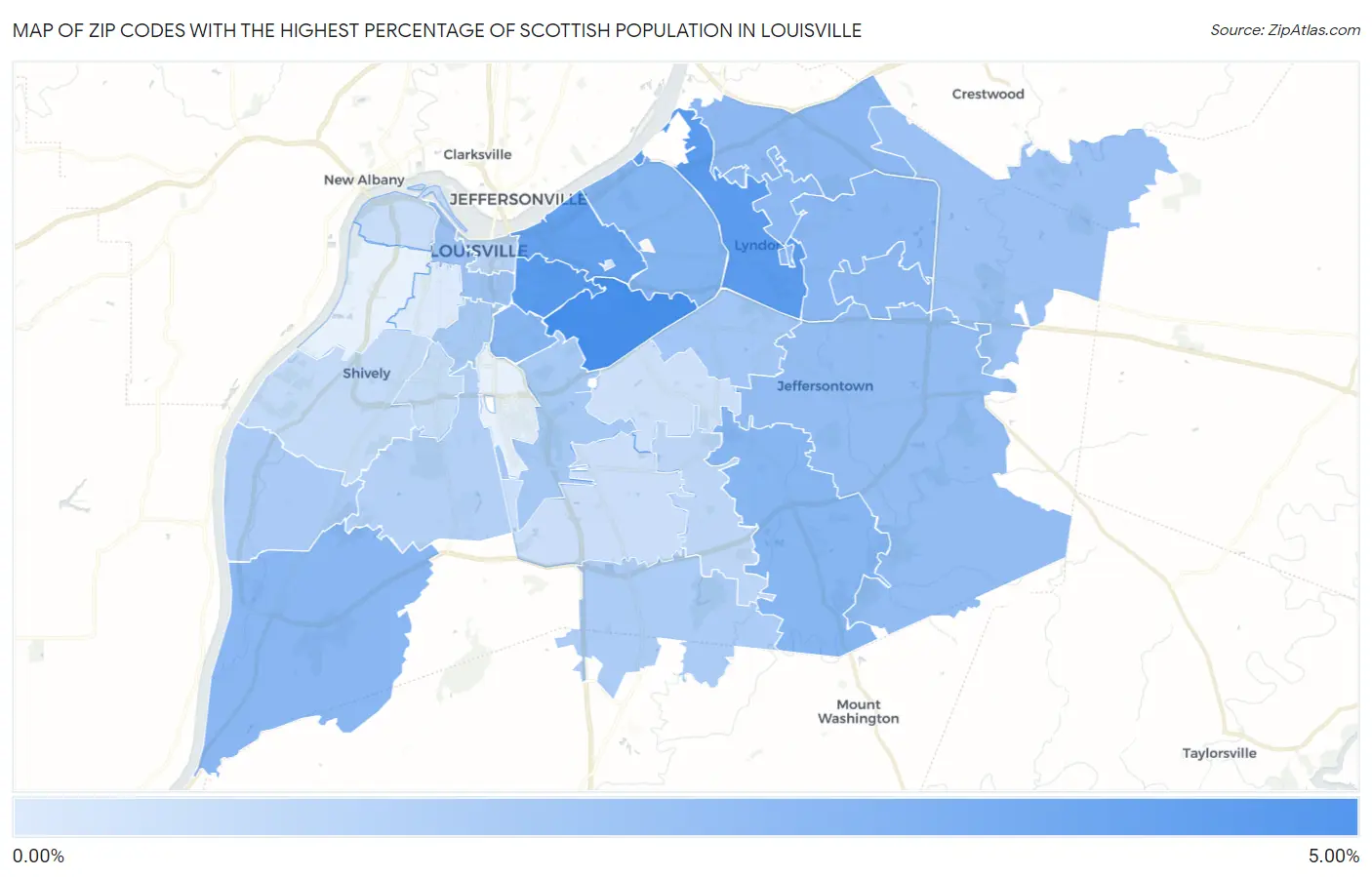 Zip Codes with the Highest Percentage of Scottish Population in Louisville Map