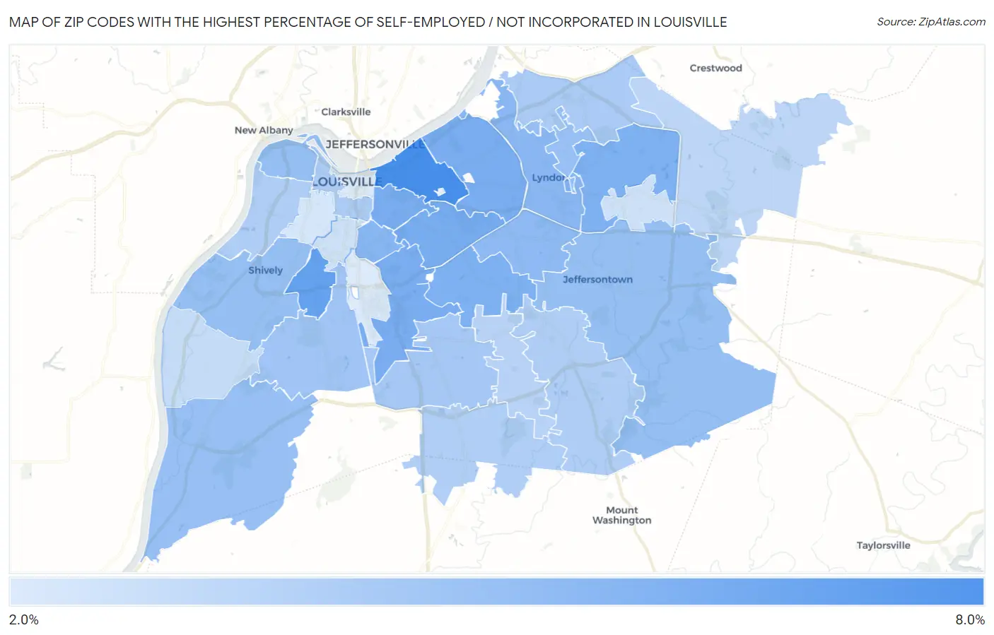 Zip Codes with the Highest Percentage of Self-Employed / Not Incorporated in Louisville Map