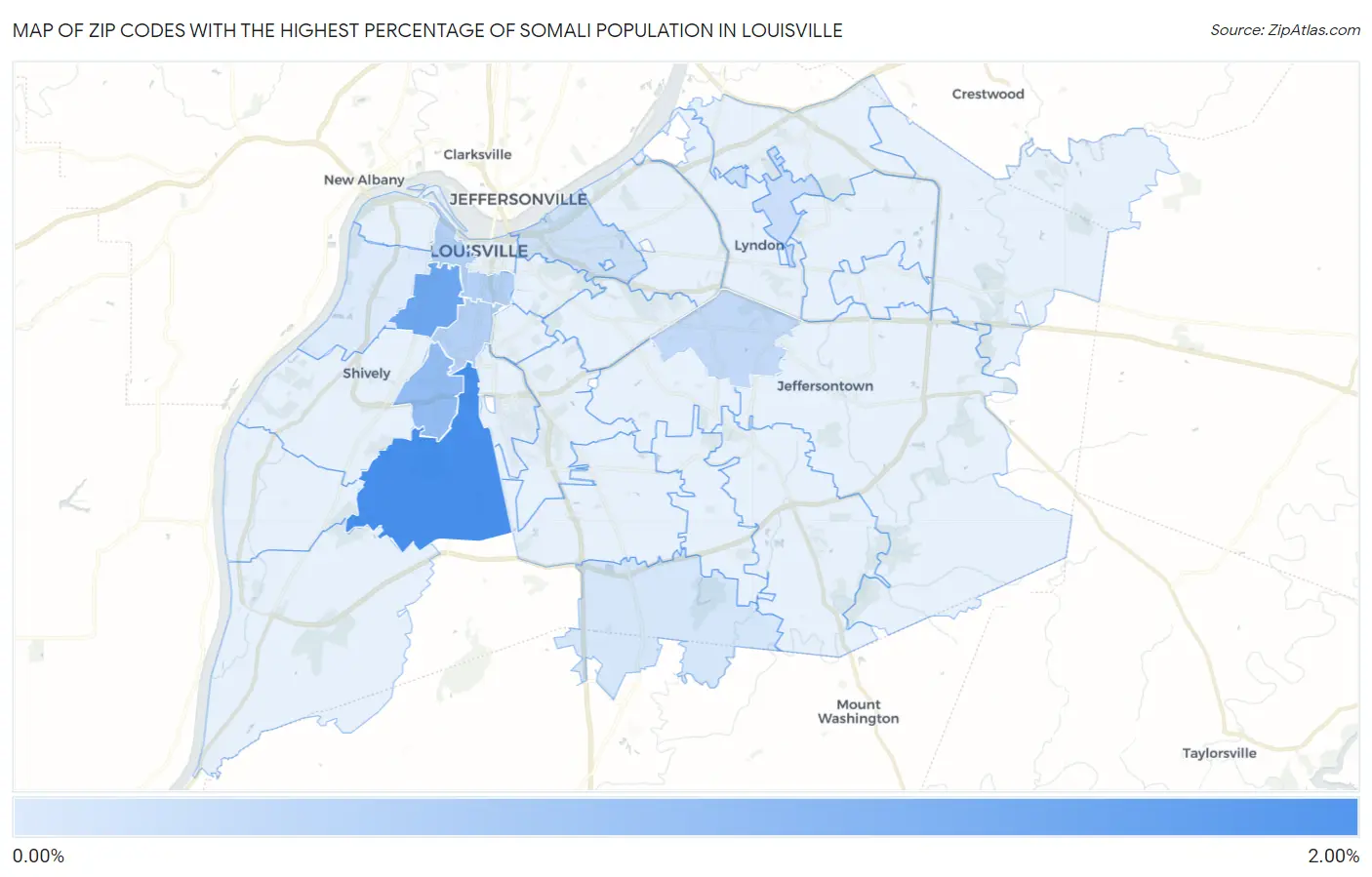 Zip Codes with the Highest Percentage of Somali Population in Louisville Map