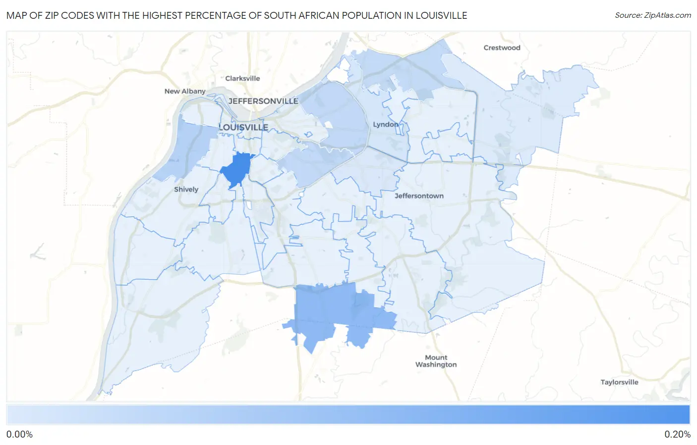 Zip Codes with the Highest Percentage of South African Population in Louisville Map