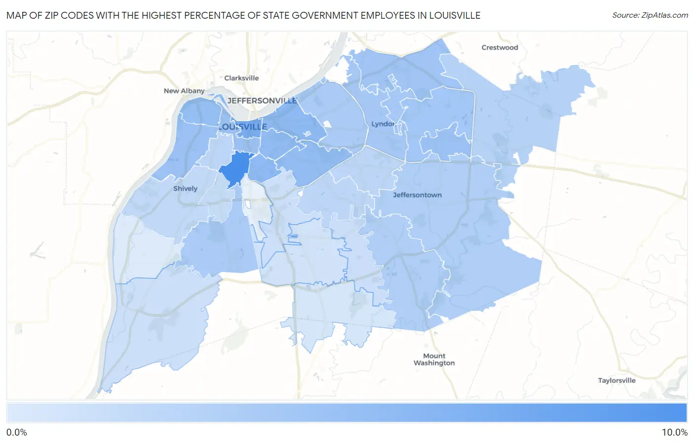 Zip Codes with the Highest Percentage of State Government Employees in Louisville Map