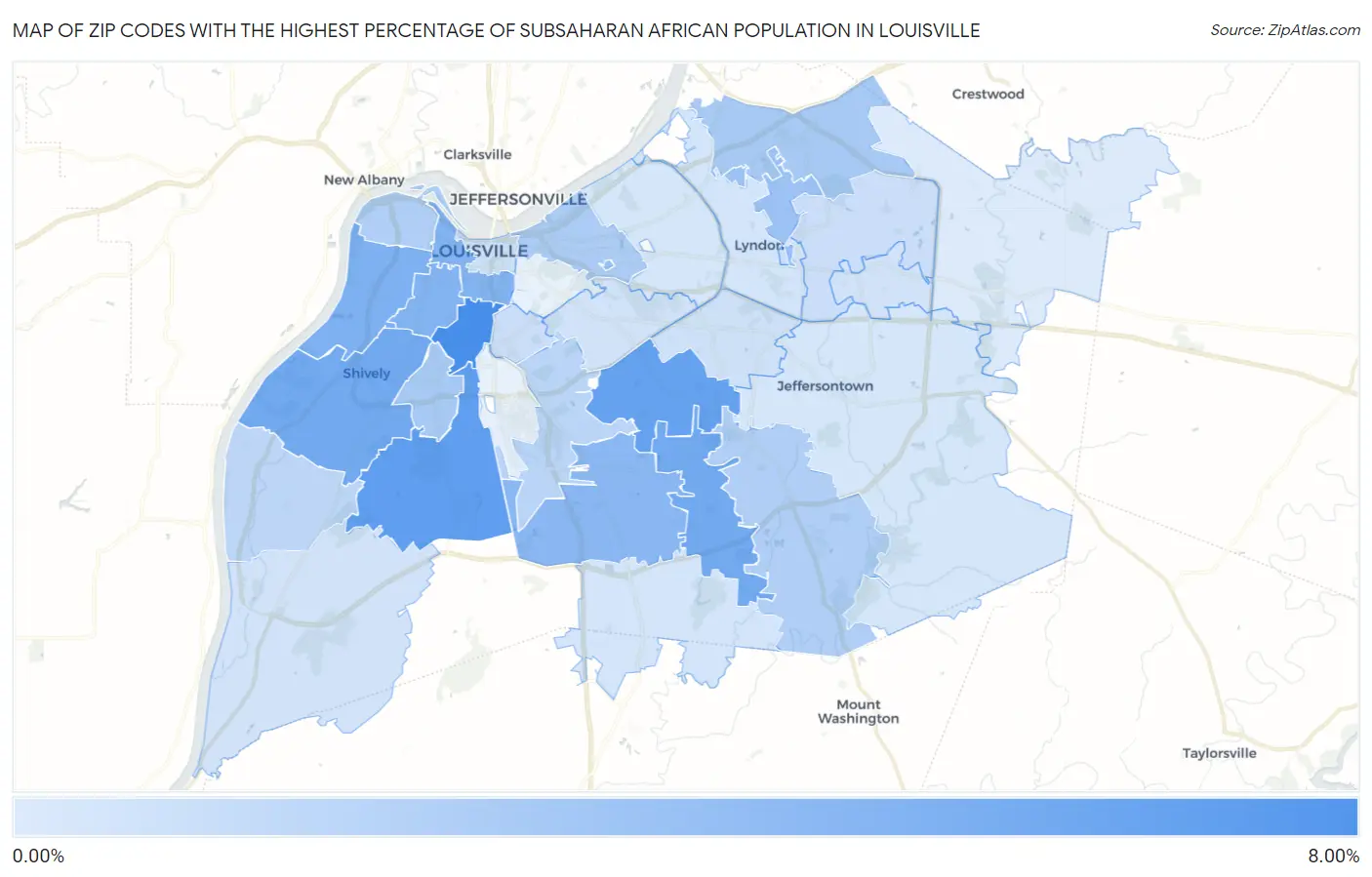 Zip Codes with the Highest Percentage of Subsaharan African Population in Louisville Map