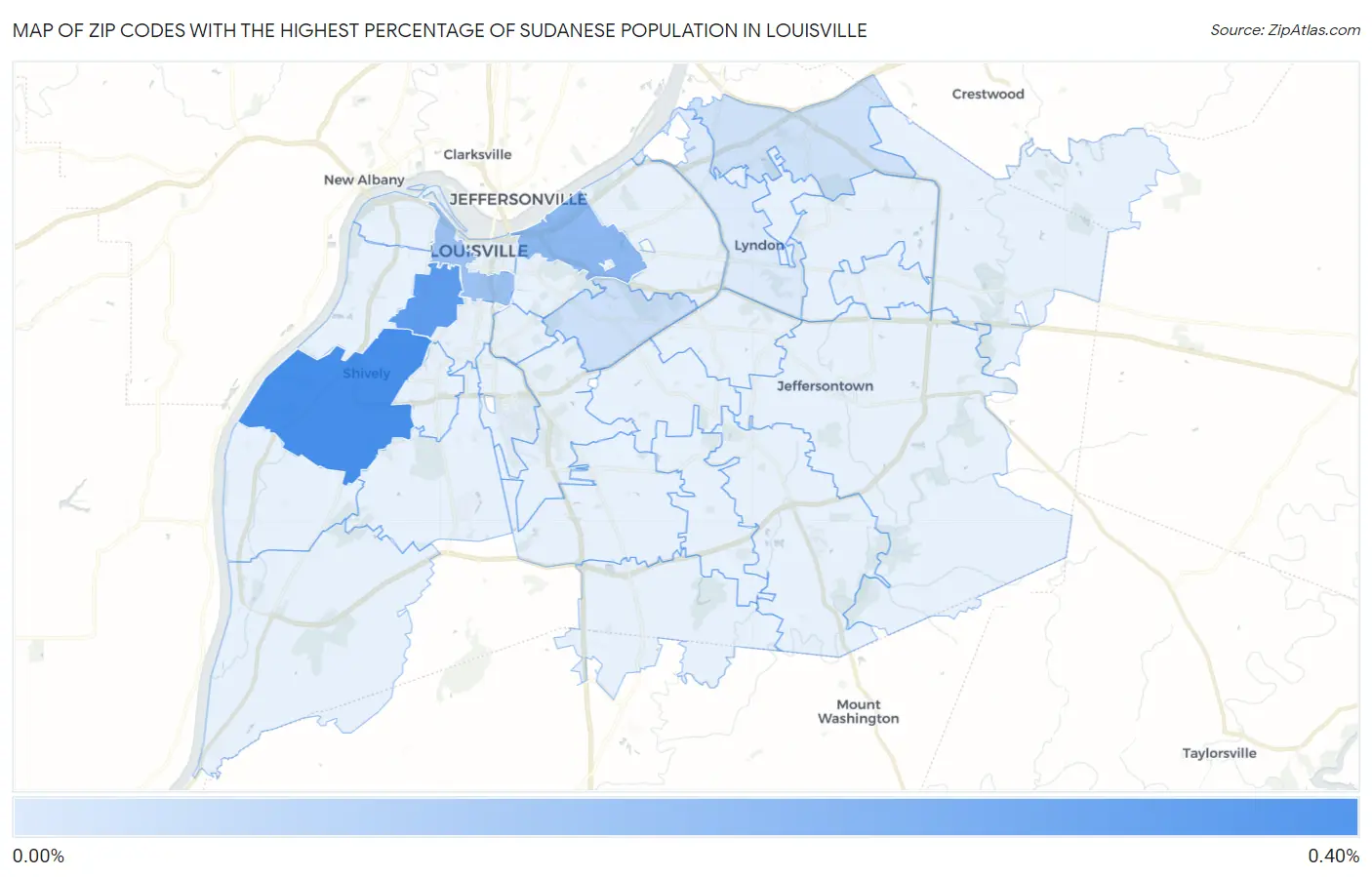 Zip Codes with the Highest Percentage of Sudanese Population in Louisville Map