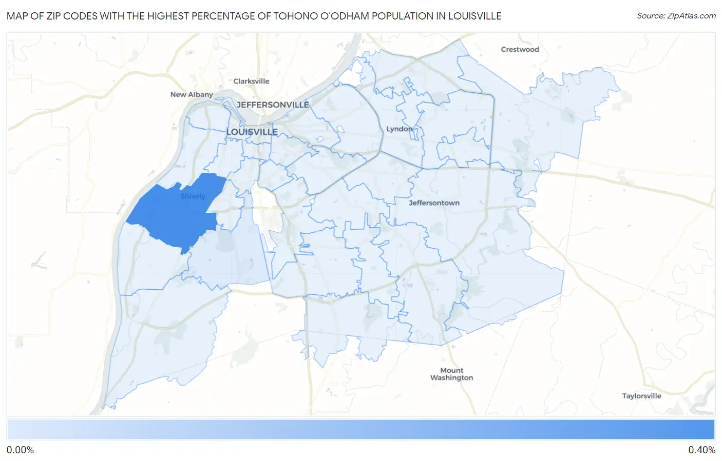 Zip Codes with the Highest Percentage of Tohono O'Odham Population in Louisville Map