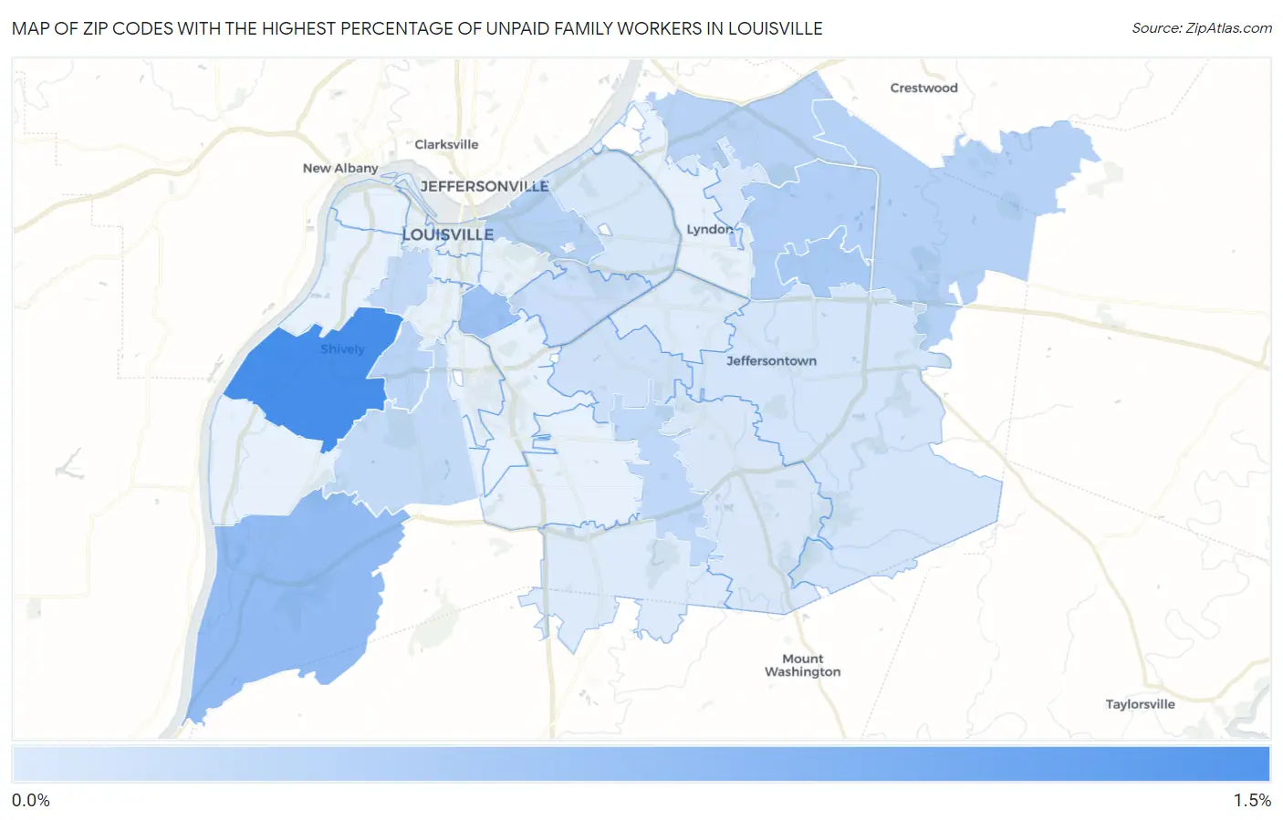 Zip Codes with the Highest Percentage of Unpaid Family Workers in Louisville Map
