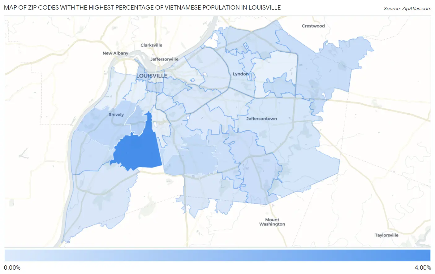 Zip Codes with the Highest Percentage of Vietnamese Population in Louisville Map