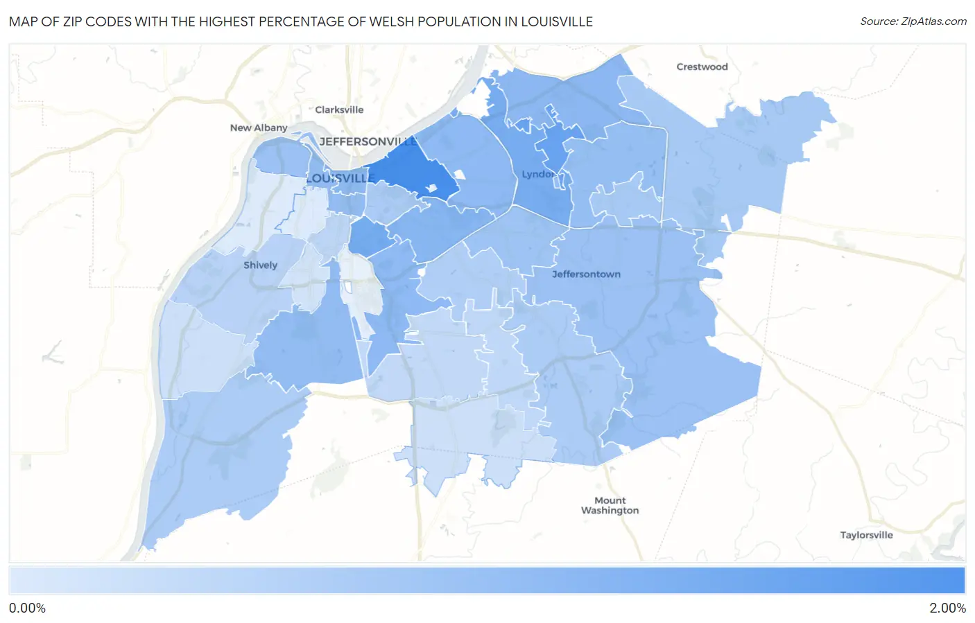 Zip Codes with the Highest Percentage of Welsh Population in Louisville Map