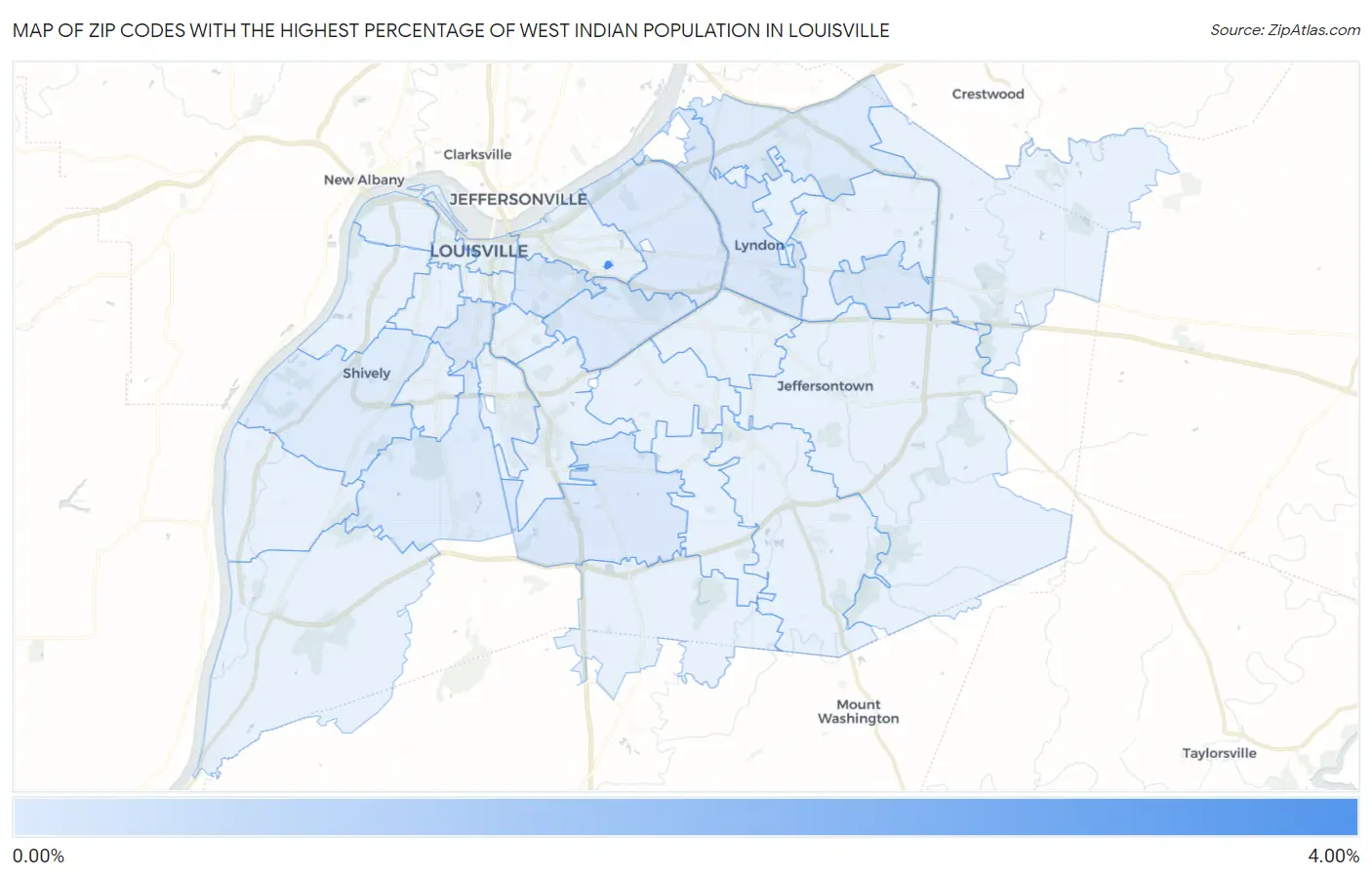 Zip Codes with the Highest Percentage of West Indian Population in Louisville Map